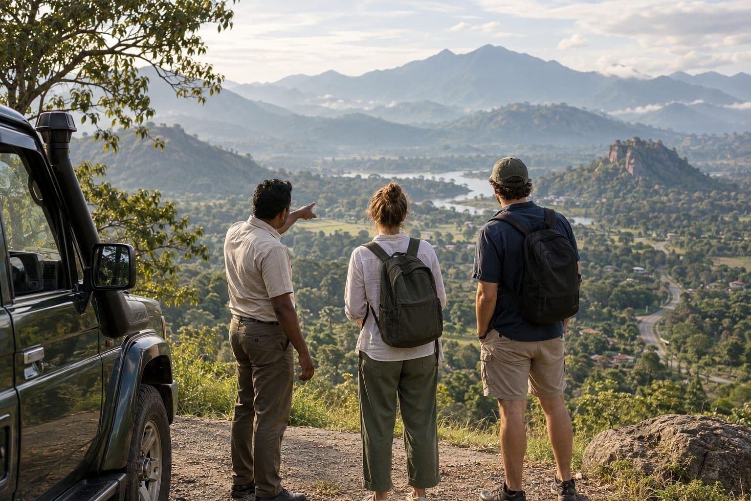 A driver-guide and two travellers at a viewpoint