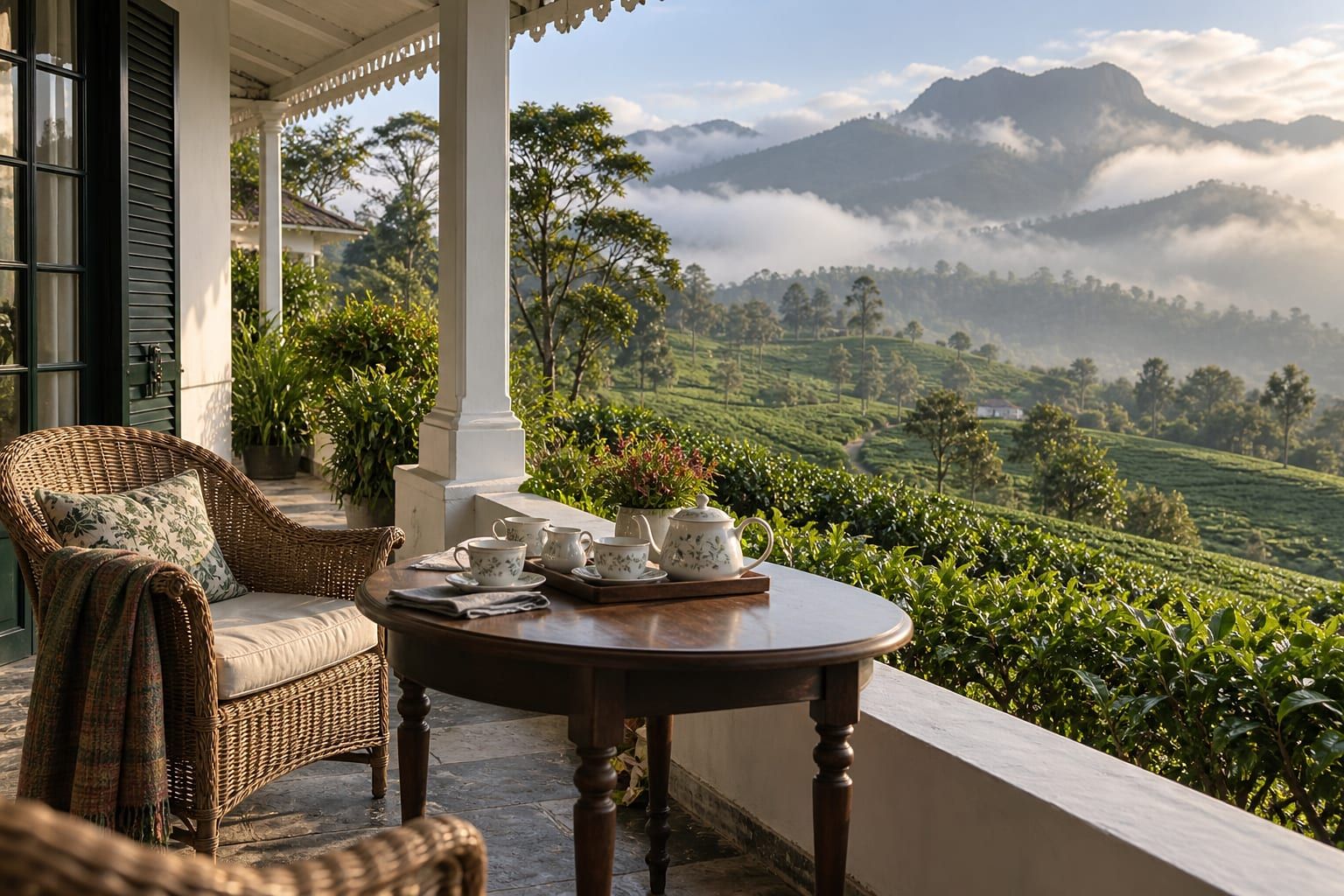 A colonial veranda looking out over tea terraces